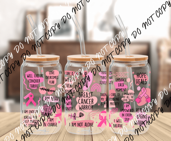 Breast Cancer Warrior UV Transfer for 16 oz Glass Can - We Print U Press DTF Transfers