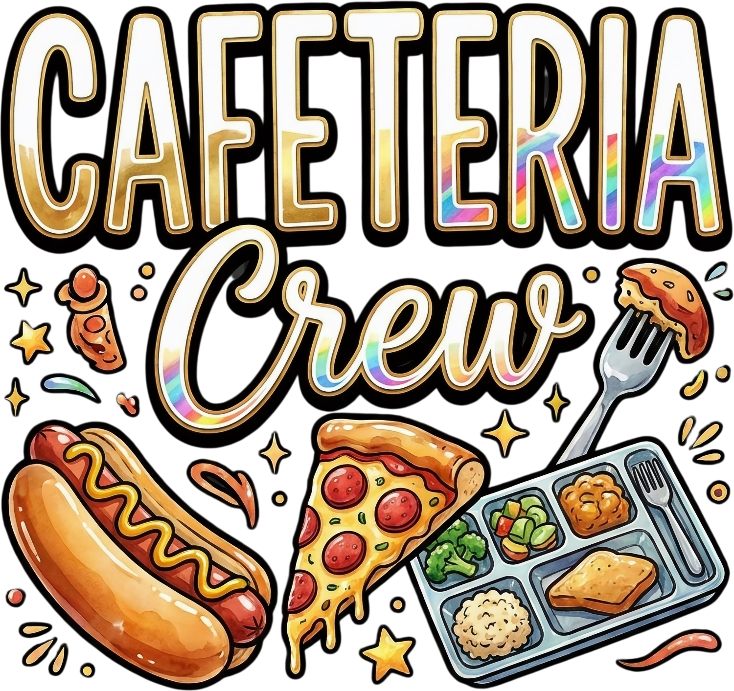 Colorful cafeteria crew design with hot dog, pizza, and lunch tray, ready to press dtf transfer