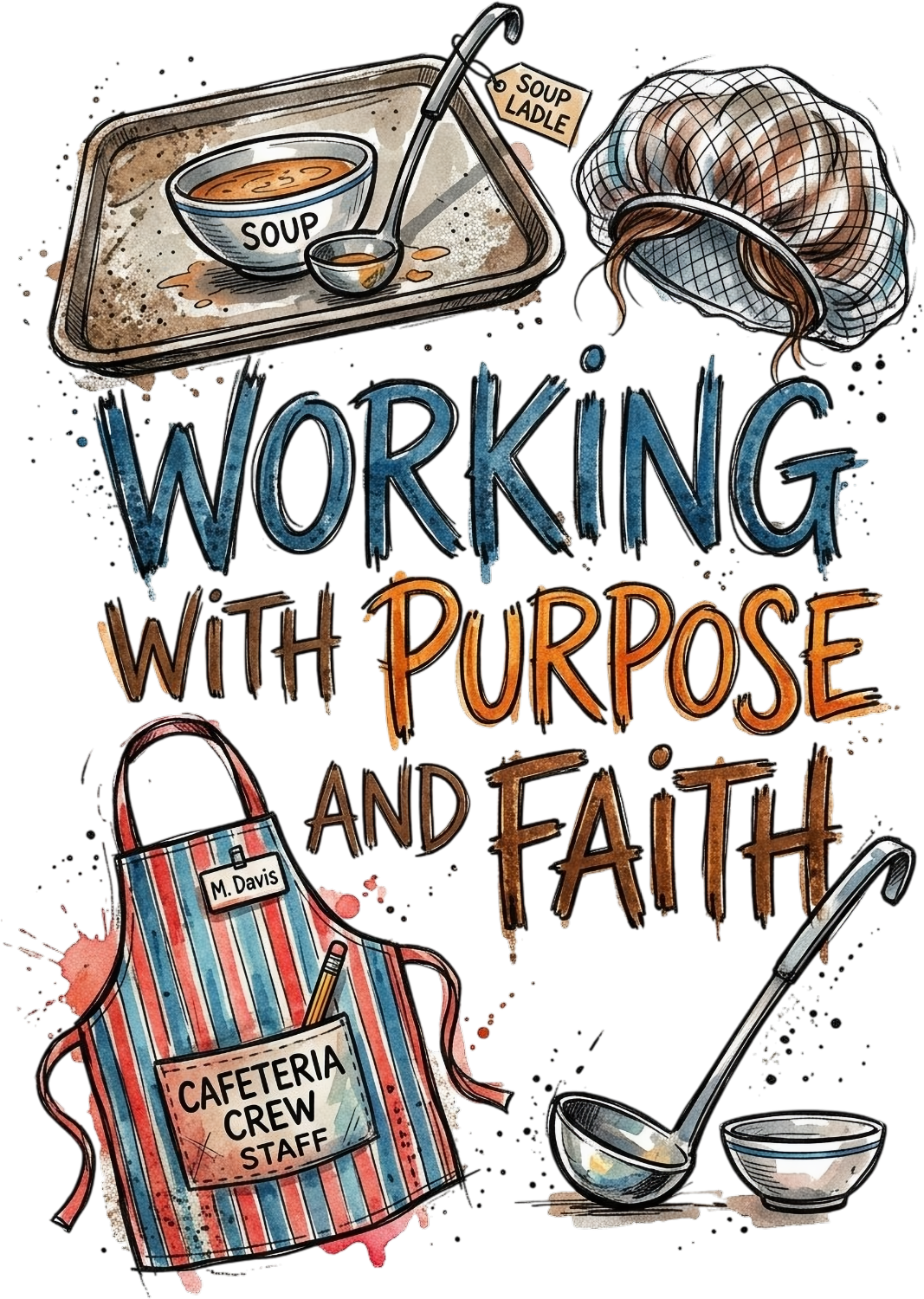 Watercolor illustration of soup bowls, mesh ladle, and cafeteria crew staff apron with 'Working With Purpose And Faith' text ready to press dtf transfer
