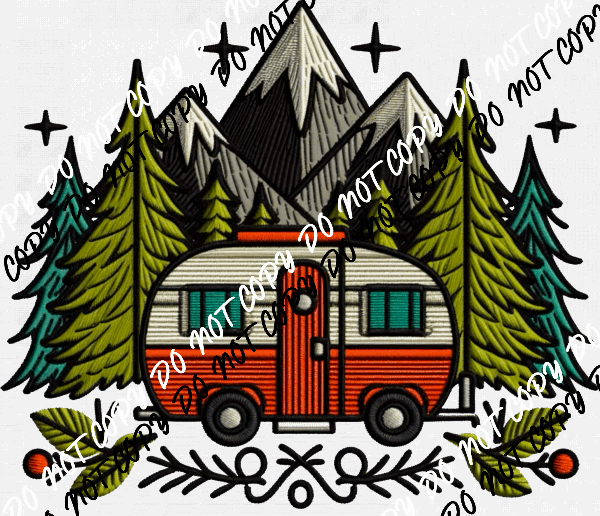 Camper in the Mountains Faux Embroidery DTF Transfer - We Print U Press DTF Transfers