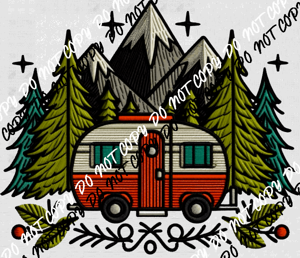 Camper in the Mountains Faux Embroidery DTF Transfer - We Print U Press DTF Transfers