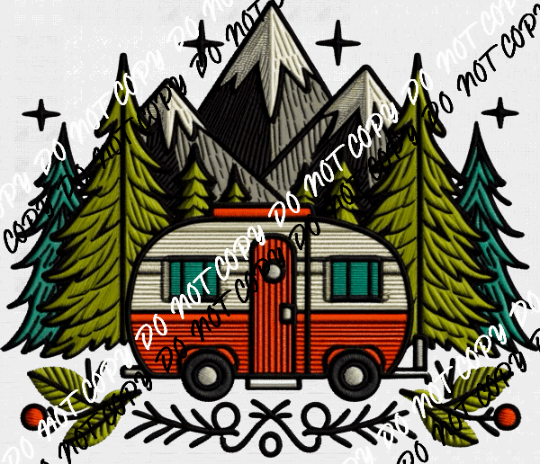 Camper in the Mountains Faux Embroidery DTF Transfer - We Print U Press DTF Transfers