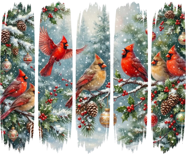 Five ready to press dtf transfer strips with red cardinals, winter greenery, snowflakes, and holiday ornaments on blue background.