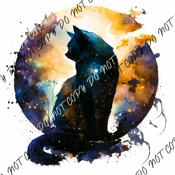 Celestial Black Yellow Cat Circle Watercolor Dtf Transfer