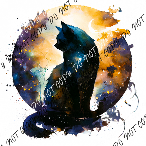 Celestial Black Yellow Cat Circle Watercolor Dtf Transfer