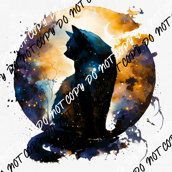 Celestial Black Yellow Cat Circle Watercolor DTF Transfer - We Print U Press DTF Transfers