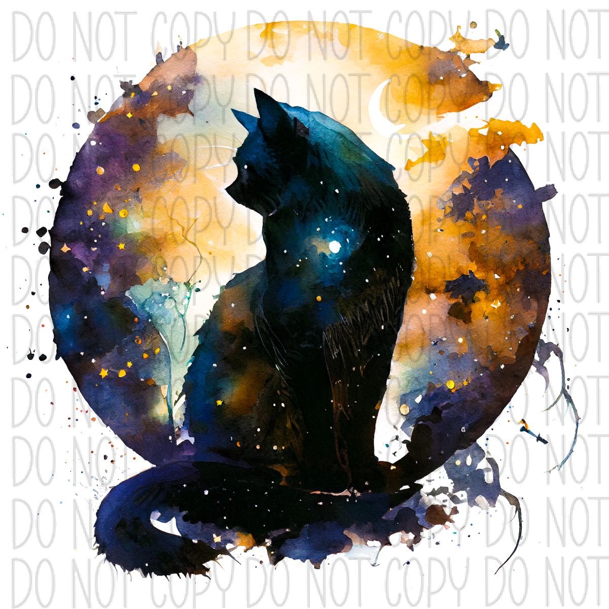 Celestial Black Yellow Cat Circle Watercolor Dtf Transfer