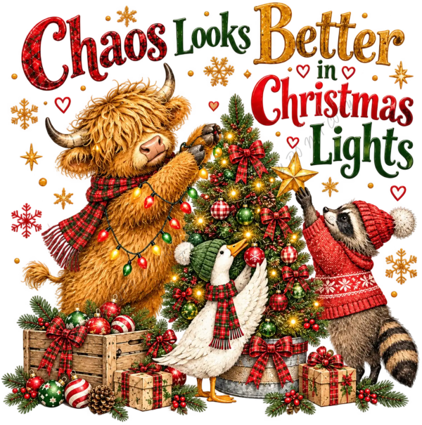 Highland cow in plaid scarf with raccoon and goose decorating Christmas tree, ready to press dtf transfer design