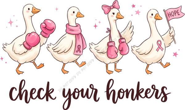Four cream-colored geese wearing pink boxing gloves, scarves, and ribbons with a hope flag, ready to press dtf transfer