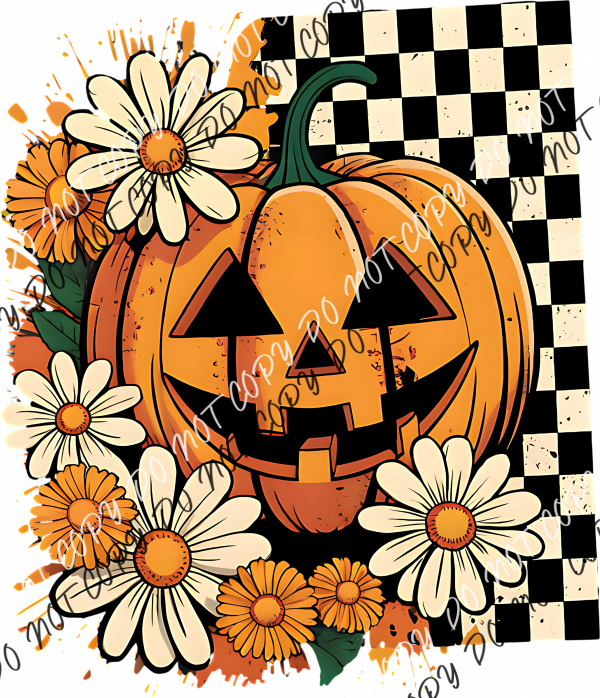 Checkerboard Floral Fall Jack O Lantern DTF Transfer RTP DTF Transfers