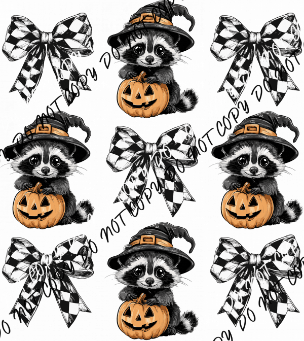 Checkered Bows & Raccoon Witch Grid DTF Transfer - We Print U Press DTF Transfers