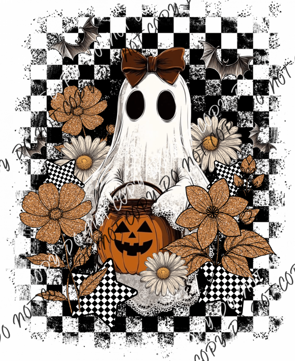 Checkered Ghost with Pumpkin Pail DTF Transfer RTP DTF Transfers