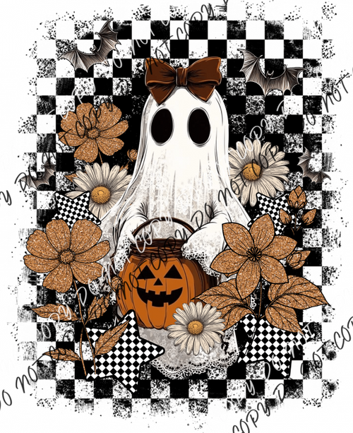 Checkered Ghost with Pumpkin Pail DTF Transfer RTP DTF Transfers