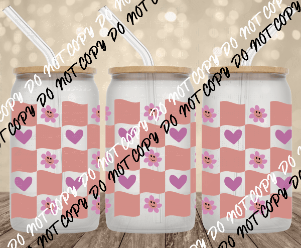 Checkered Hearts UV Transfer for 16 oz Glass Can - We Print U Press DTF Transfers