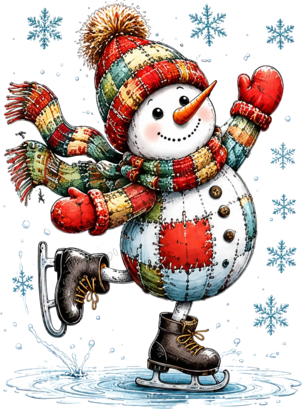 Joyful snowman on ice skates wearing colorful plaid hat and scarf, ready to press dtf transfer