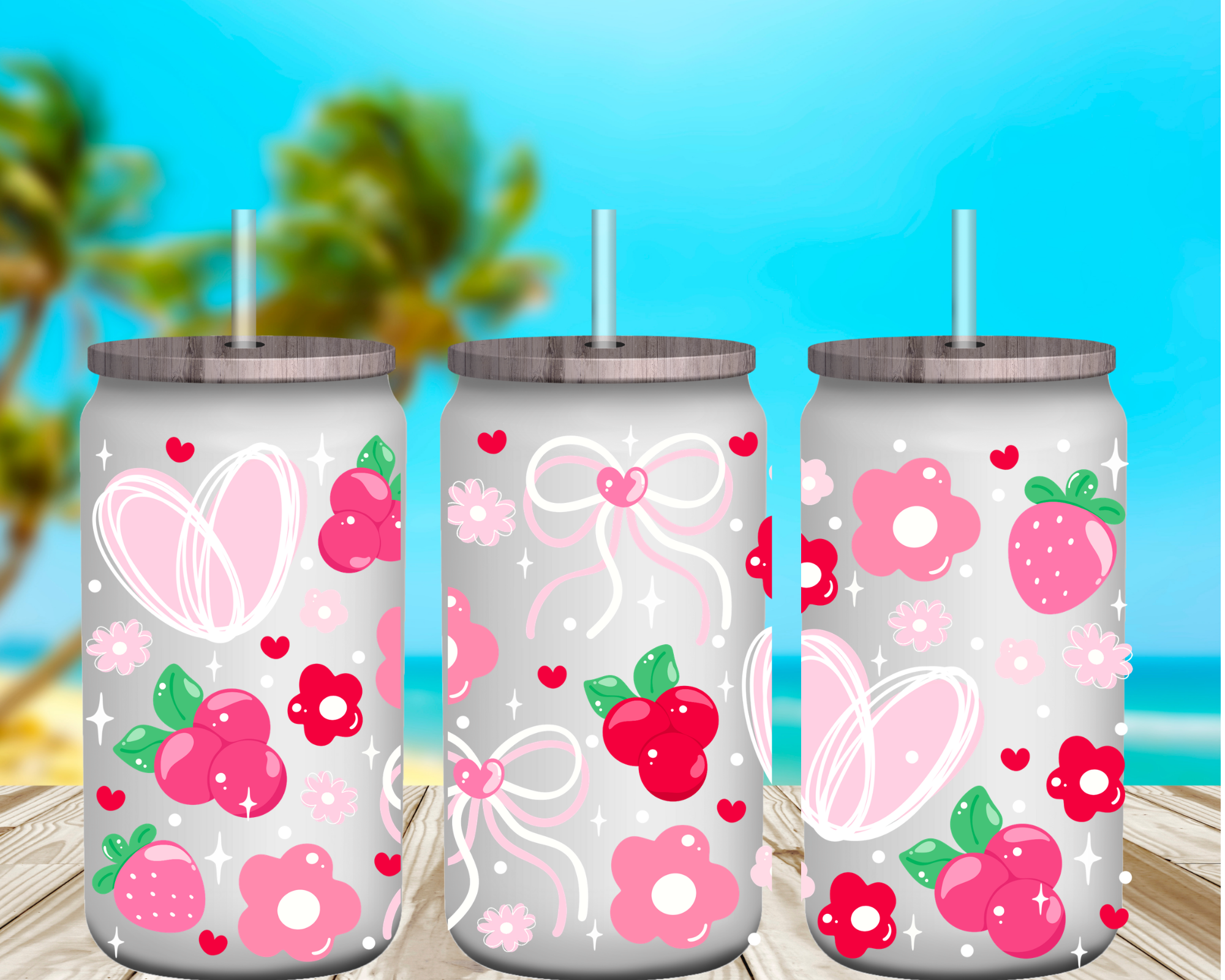 Cherry Sweet Bows 16 oz Glass Can Cup Wrap UV Transfer