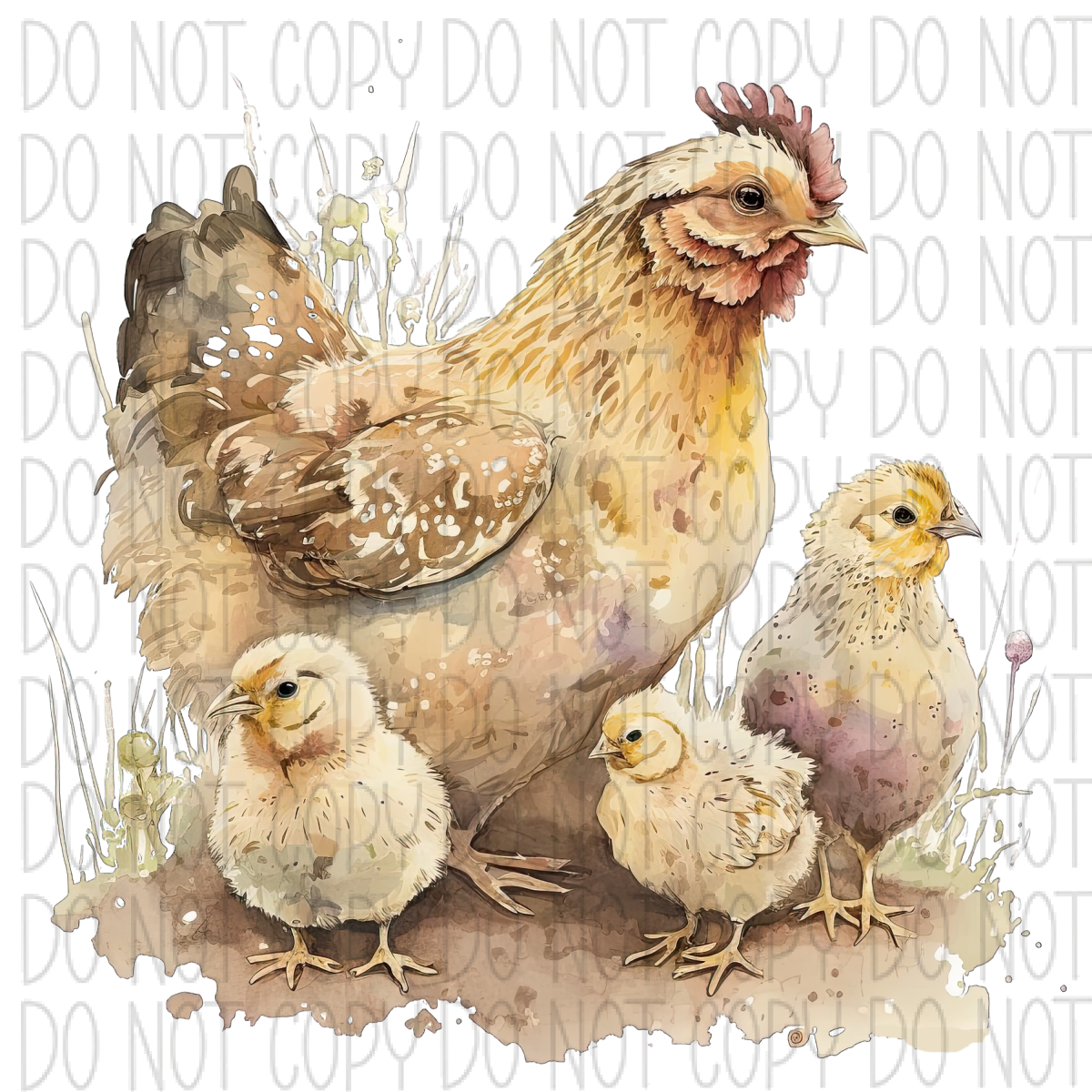Chicken And Three Chicks Watercolor Dtf Transfer