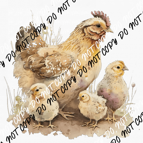 Chicken and Three Chicks Watercolor DTF Transfer - We Print U Press DTF Transfers