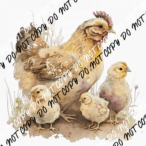 Chicken and Three Chicks Watercolor DTF Transfer - We Print U Press DTF Transfers