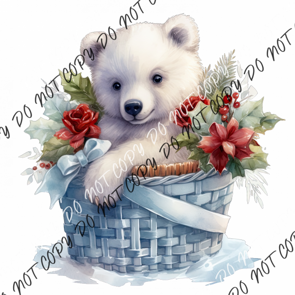 Christmas Baby Polar Bear In Basket Watercolor Dtf Transfer