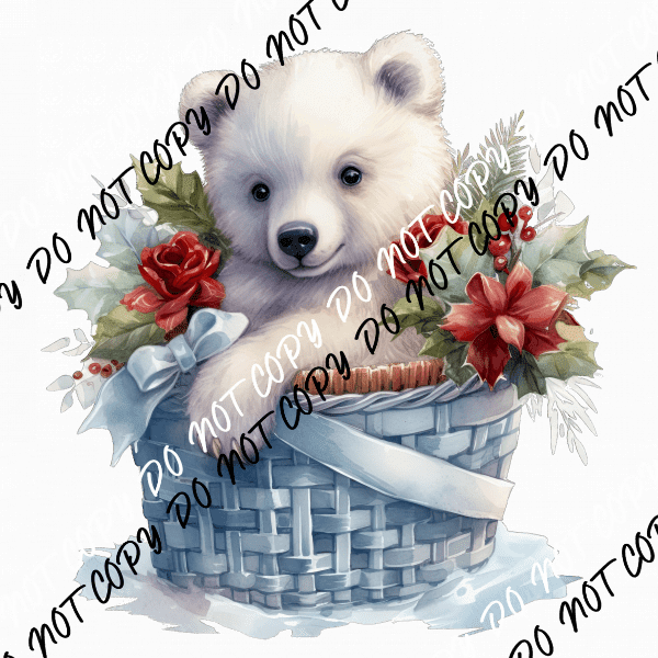 Christmas Baby Polar Bear in Basket Watercolor DTF Transfer - We Print U Press DTF Transfers