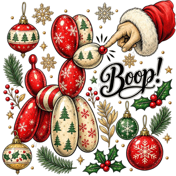 Santa's hand booping a red ornament nose with Christmas ornaments and holly, ready to press dtf transfer
