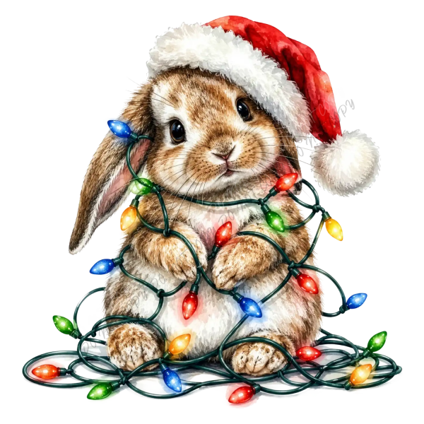 Cute brown bunny wearing red Santa hat wrapped in colorful Christmas lights, ready to press dtf transfer