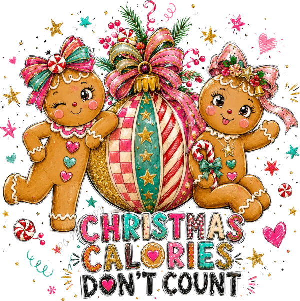 Two adorable gingerbread characters with pink bows holding a large ornament, ready to press dtf transfer with Christmas text.