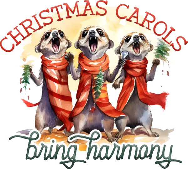 Three cheerful meerkats wearing red scarves singing Christmas carols, ready to press dtf transfer with festive holiday theme