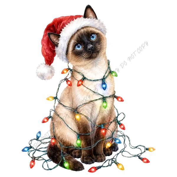 Siamese cat wearing red Santa hat and wrapped in colorful Christmas lights, ready to press dtf transfer