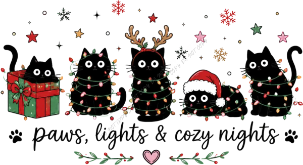 Five playful black cats decorated with Christmas lights, garland, and holiday accessories—ready to press DTF transfer design.