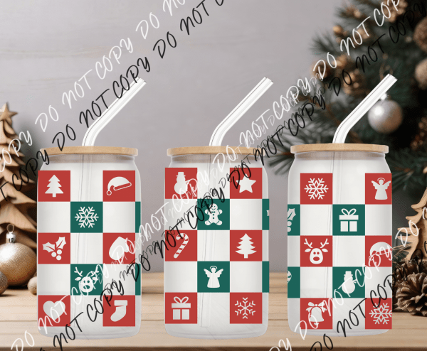 Christmas Checkered Glass Can Cup Wrap UV Transfer - We Print U Press DTF Transfers