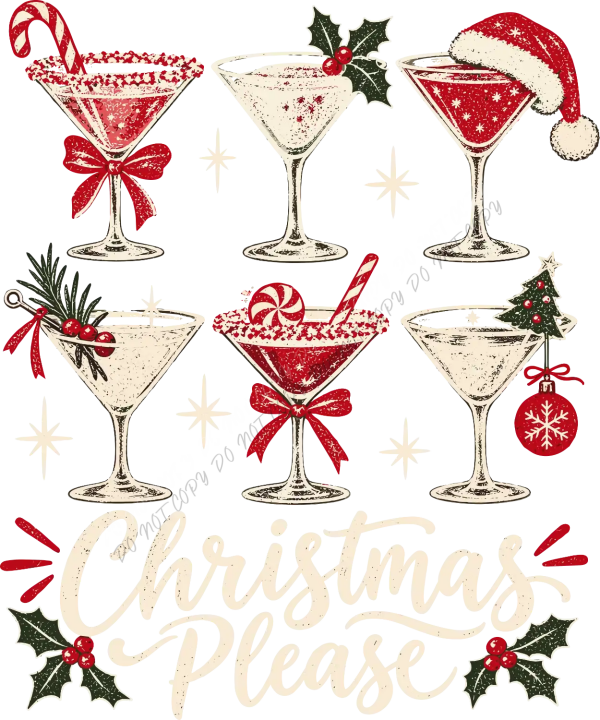 Six festive holiday cocktail illustrations in red and cream with candy canes, holly, and Santa hats, ready to press DTF transfer.