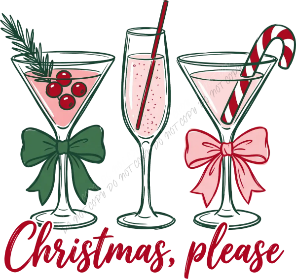 Three illustrated holiday cocktails with red berries, candy canes and festive bows, ready to press dtf transfer