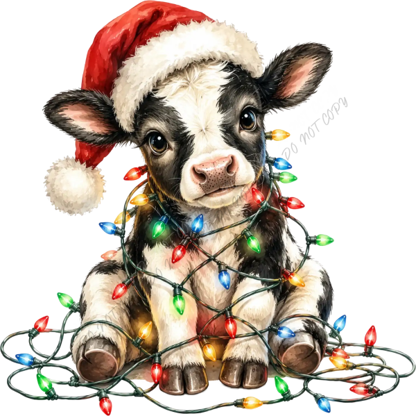 Black and white cow wearing red Santa hat wrapped in multicolor Christmas lights, ready to press dtf transfer