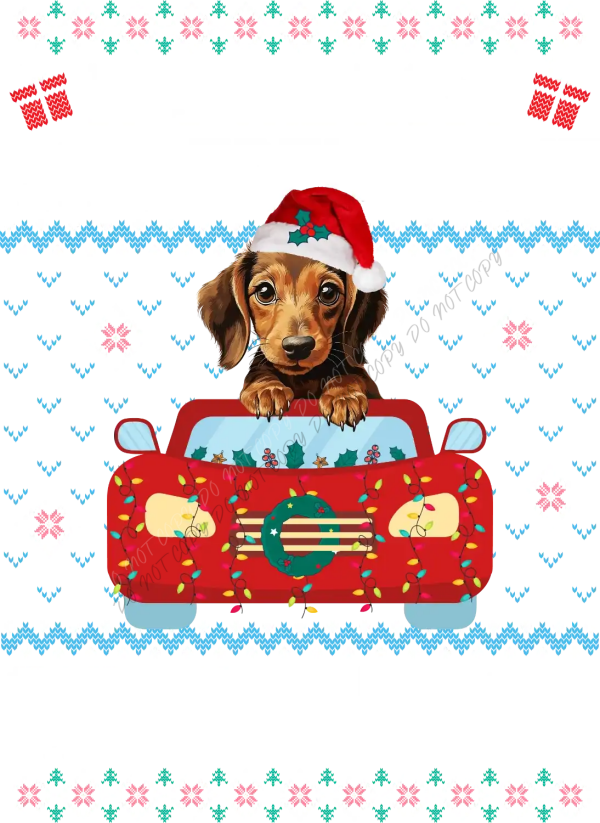 Adorable dachshund wearing Santa hat driving red festive car, ready to press dtf transfer with holiday design