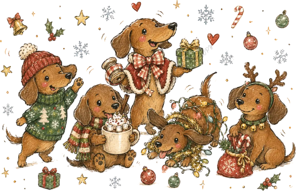 Six adorable brown dachshunds wearing Christmas attire surrounded by holiday decorations, ready to press dtf transfer.