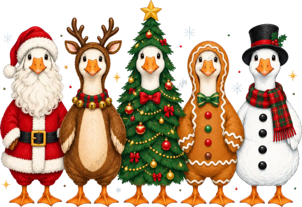Five festive penguin characters dressed as Santa, reindeer, Christmas tree, gingerbread, and snowman, ready to press dtf transfer