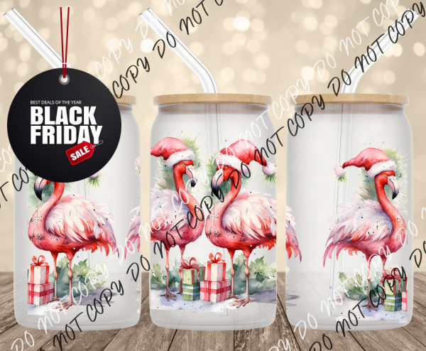 Christmas Flamingos UV Transfer for 16 oz Glass Can Tumblers