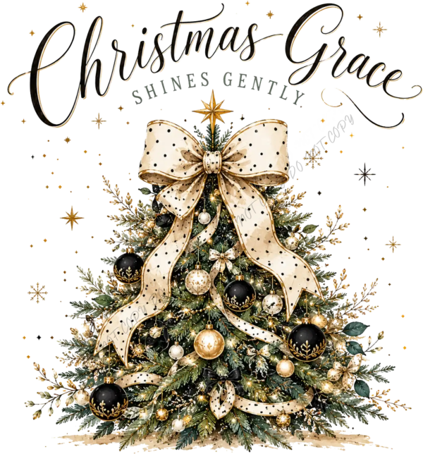 Elegant Christmas tree with gold polka dot bow, black and gold ornaments, ready to press dtf transfer