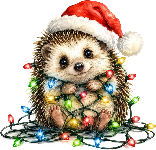 Cute hedgehog wearing red Santa hat wrapped in multicolored Christmas lights, ready to press dtf transfer design