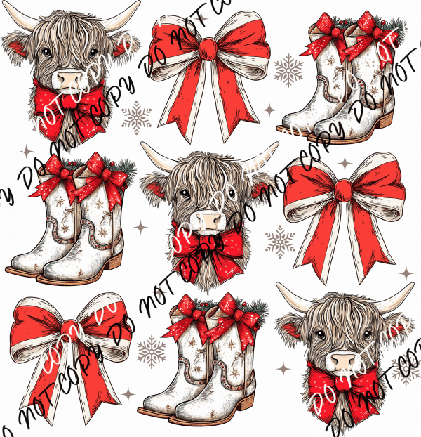 Christmas Highland Cow Coquette Bows DTF Transfer - We Print U Press DTF Transfers