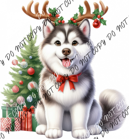 Christmas Husky Pup With Antlers Dtf Transfer Rtp Transfers