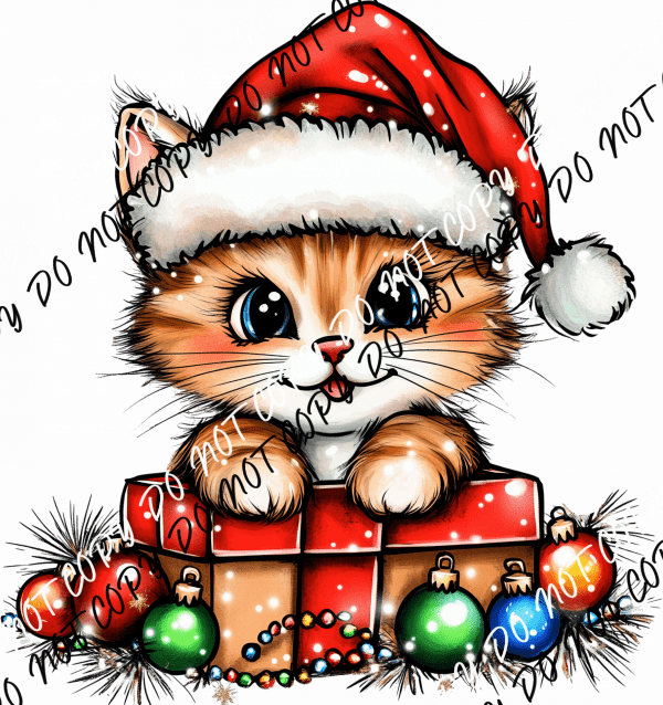 Christmas Kitten in Gift Box DTF Transfer - We Print U Press DTF Transfers