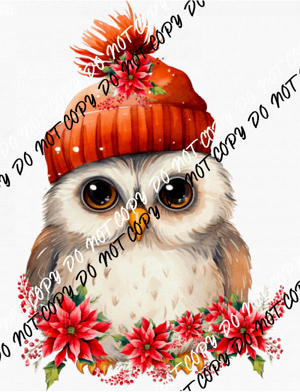 Christmas Owl Red Hat Pointsettias DTF Transfer - We Print U Press DTF Transfers