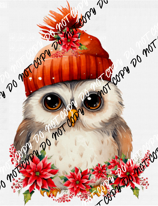 Christmas Owl Red Hat Pointsettias DTF Transfer - We Print U Press DTF Transfers