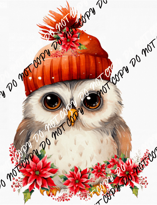 Christmas Owl Red Hat Pointsettias DTF Transfer - We Print U Press DTF Transfers