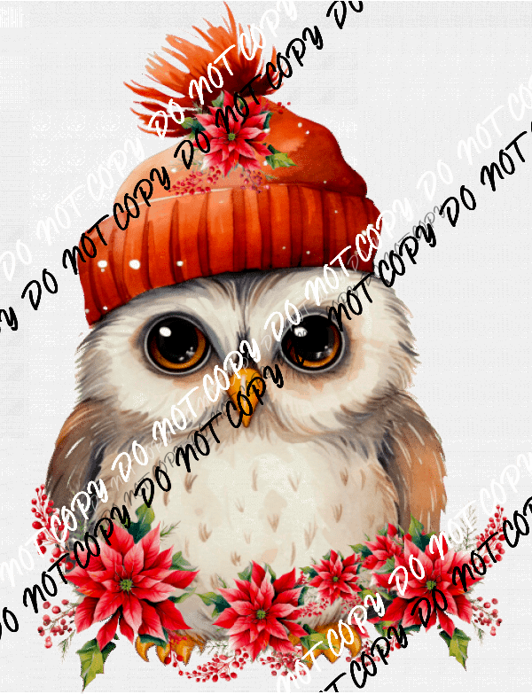 Christmas Owl Red Hat Pointsettias DTF Transfer - We Print U Press DTF Transfers