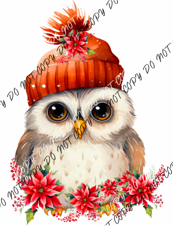 Christmas Owl Red Hat Pointsettias Dtf Transfer Transfers