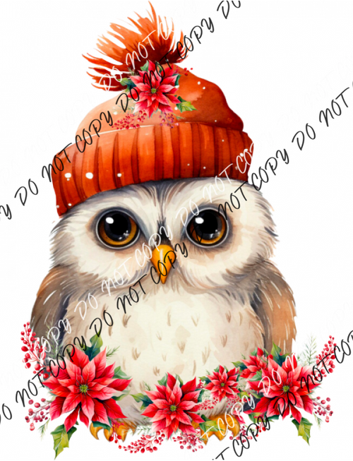 Christmas Owl Red Hat Pointsettias Dtf Transfer Transfers